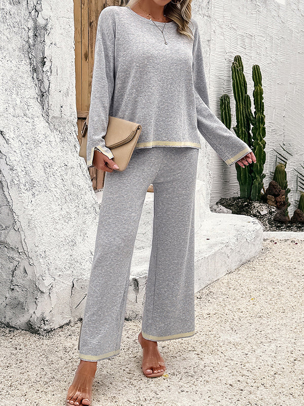 Long Sleeves Contrast Color Split-Joint Split-Side Round-Neck High-Low Sweater Tops +  Pants Bottom Two Pieces Set
