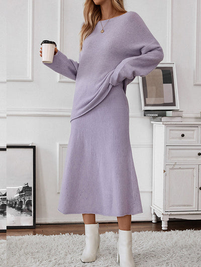 Loose Solid Color Long Sleeves Round-Neck Sweater Top + Skirt Two Pieces Set