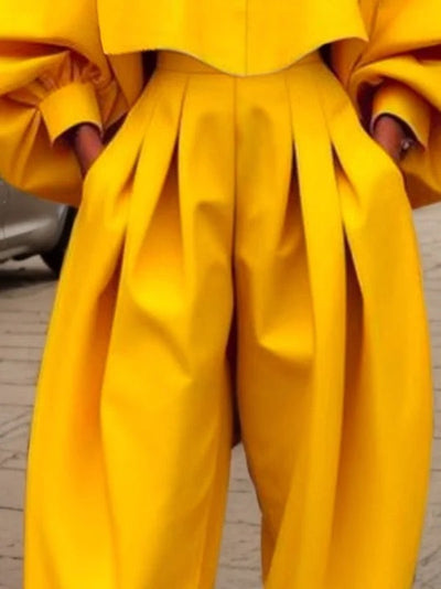 High-Low Loose Pleated Pockets Solid Color Pants Trousers