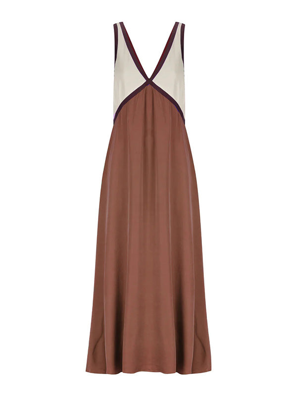 Loose Sleeveless Contrast Color Split-Joint Deep V-Neck Maxi Dresses