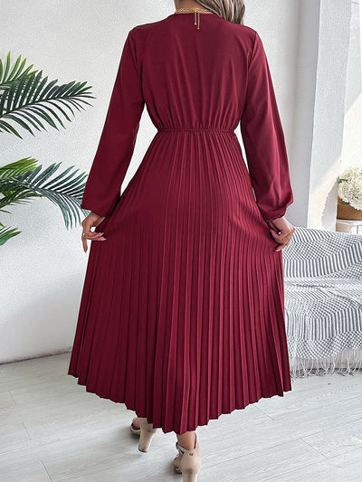A-Line High Waisted Elasticity Pleated Solid Color V-Neck Maxi Dresses