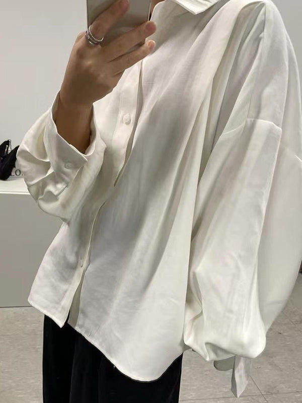 Long Sleeves Loose Buttoned Pleated Solid Color Lapel Collar Blouses&shirts Tops
