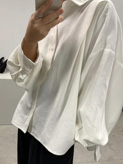 Long Sleeves Loose Buttoned Pleated Solid Color Lapel Collar Blouses&shirts Tops
