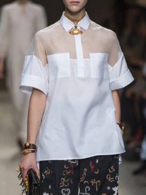 Short Sleeves See-Through Solid Color Split-Joint Lapel Blouses&Shirts Tops