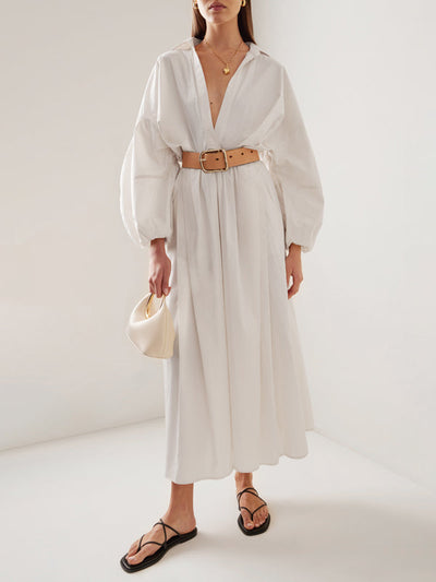 Long Sleeves Loose No Belt Solid Color V-Neck Maxi Dresses