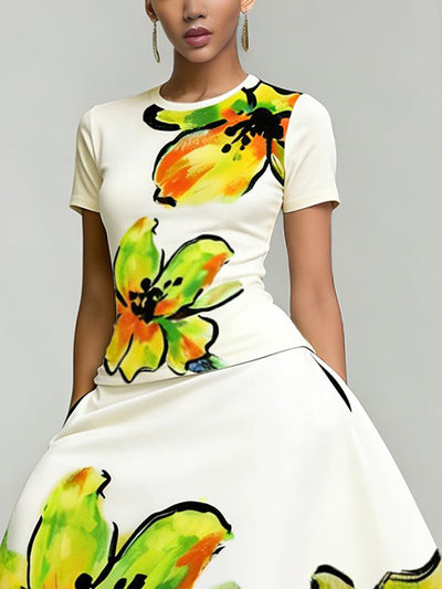 Short Sleeves Flower Print Round-Neck T-Shirts Tops