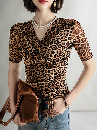 Half Sleeves Skinny Leopard Pleated V-Neck T-Shirts Tops