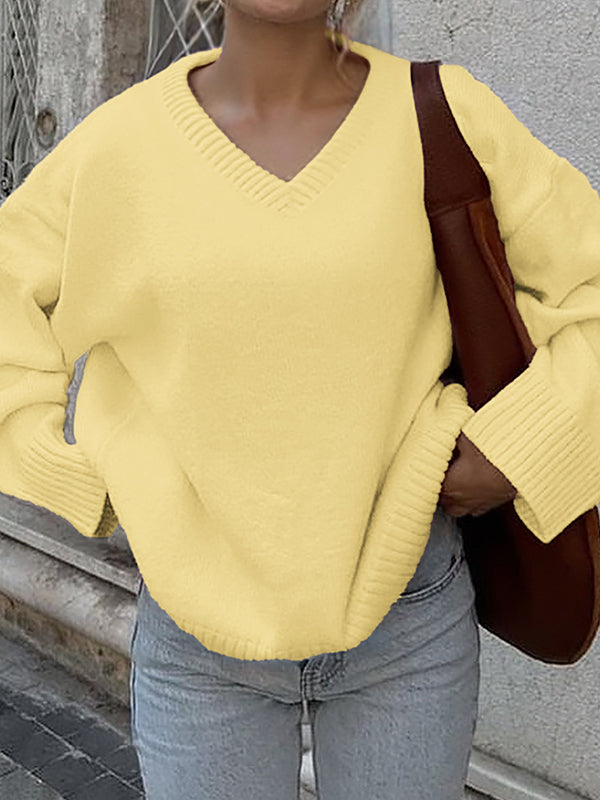 Long Sleeves Loose Ribs Solid Color V-Neck Sweater Tops