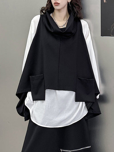 High-Low Irregular Clipping Hooded Solid Color Heaps Collar Vest Top