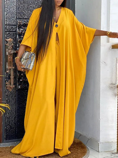 Batwing Sleeves Split-Front V-Neck Cover-Ups Tops + High Waisted Elasticity Pants Two Pieces Set