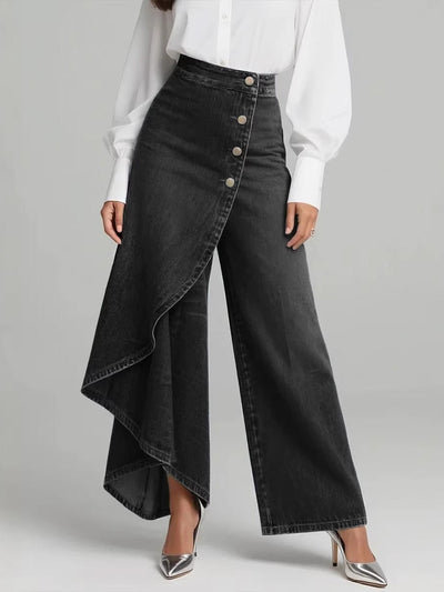 High Waisted Irregularity Buttoned Layered Pockets Solid Color Split-Joint Jean Pants Bottoms