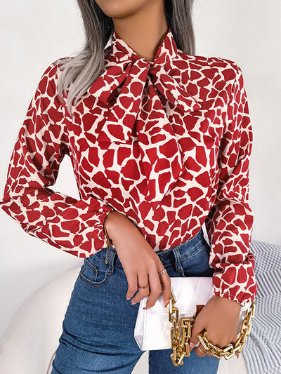 Bishop Sleeve Long Sleeves Bow-Embellished Elasticity Tied Mock Neck Blouses&Shirts Tops