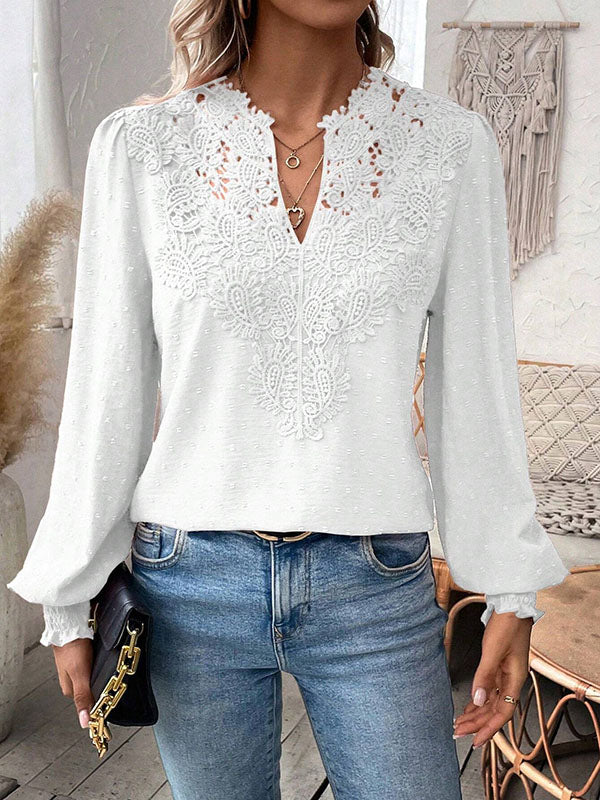 Loose Puff Sleeves Elasticity Hollow Jacquard Solid Color Split-Joint V-Neck Blouses&Shirts Tops
