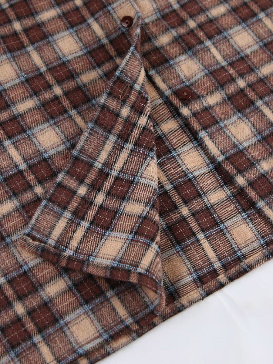 Long Sleeves Loose Buttoned Contrast Color Plaid Split-Joint Lapel Blouses&Shirts Tops Outerwear
