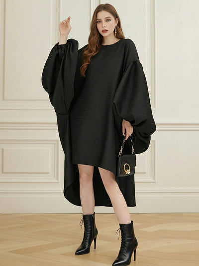 Batwing Sleeves High-Low Pleated Solid Color Split-Joint Round-Neck Midi Dresses