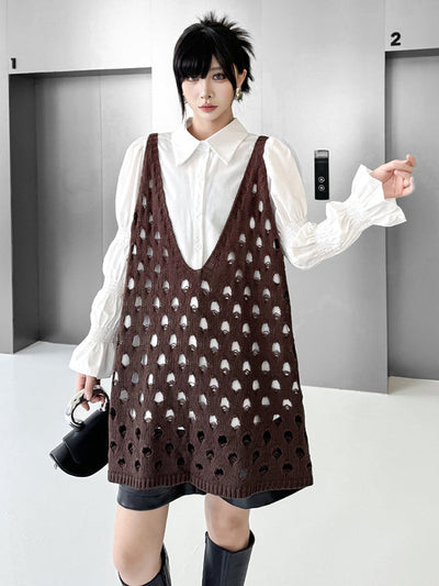 Loose Sleeveless Hollow Solid Color V-Neck Vest Top