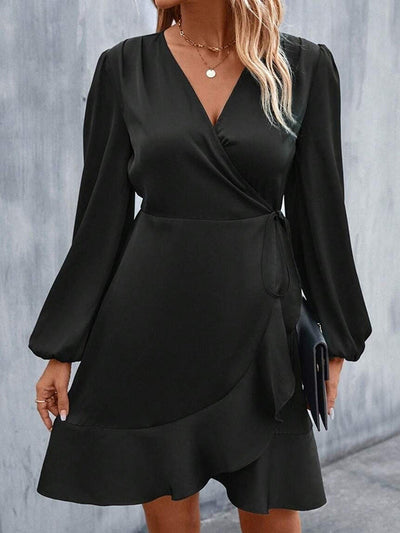 High Waisted High-Low Elasticity Pleated Solid Color Split-Joint Tied V-Neck Mini Dresses