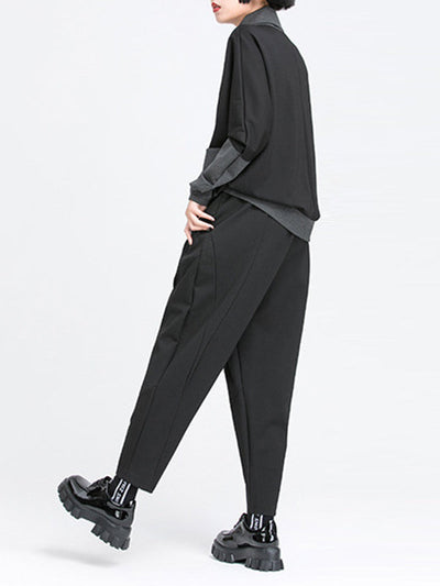 Harem Pants Loose Elasticity Pleated Pockets Solid Color Split-Joint Pants