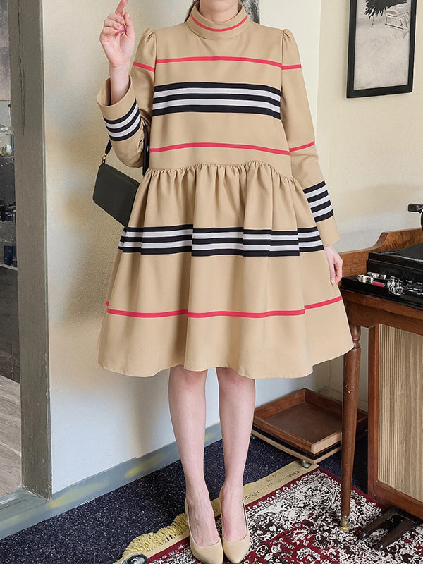 A-Line High Waisted Contrast Color Pleated Striped Zipper Mock Neck Midi Dresses