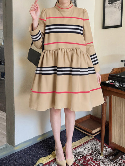 A-Line High Waisted Contrast Color Pleated Striped Zipper Mock Neck Midi Dresses
