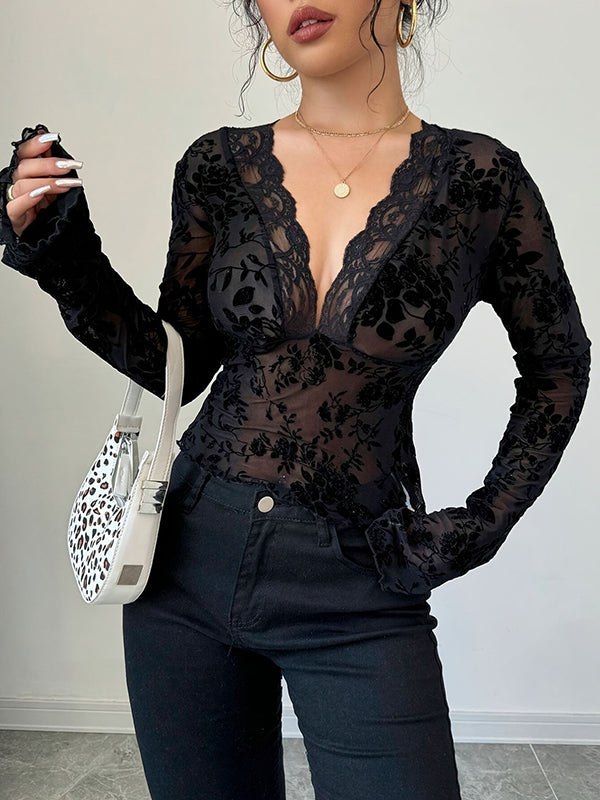 Flared Sleeves Long Sleeves Solid Color Deep V-Neck T-Shirts