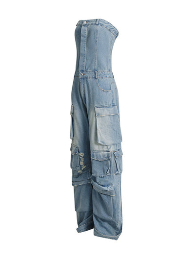 High Waisted Wide Leg Buttoned Hollow Pockets Split-Joint Tube Jumpsuits