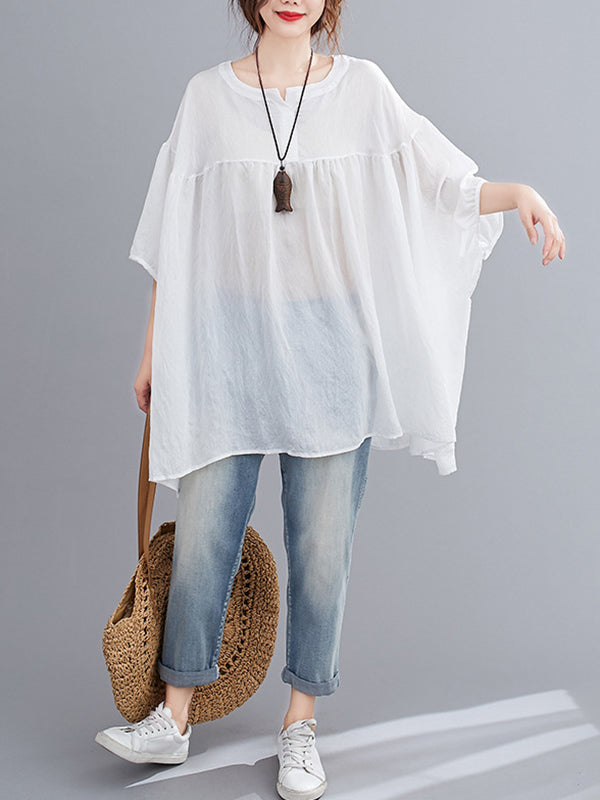 Half Sleeves Loose Pleated See-Through Solid Color Round-Neck Blouses&Shirts Tops