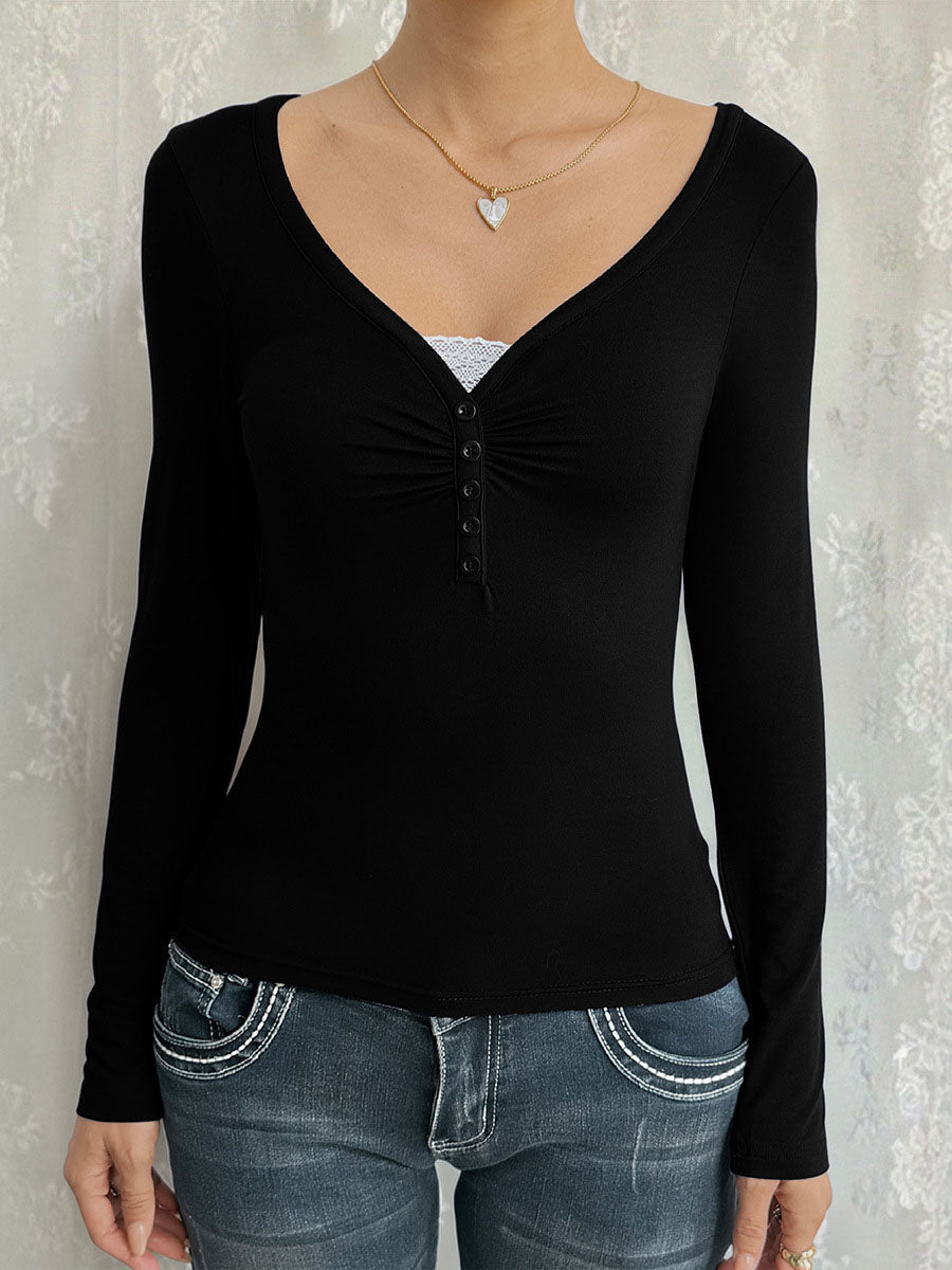 False Two Long Sleeves Buttoned Pleated Solid Color Split-Joint V-Neck T-Shirts Tops