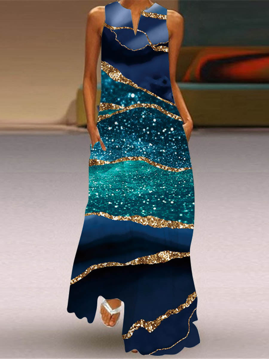 A-Line Loose Contrast Color Pockets Printed Split-Joint V-Neck Maxi Dresses