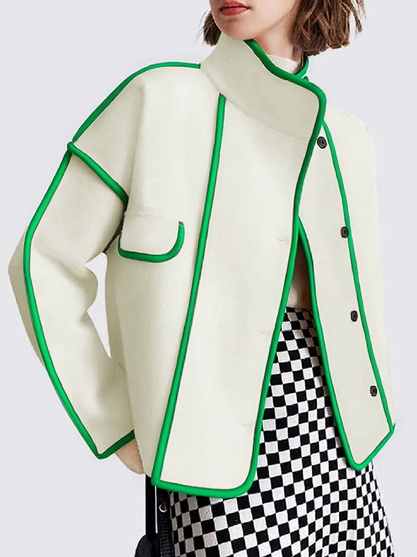 Long Sleeves Loose Buttoned Contrast Color Pockets Split-Joint Stand Collar Woolen Coat