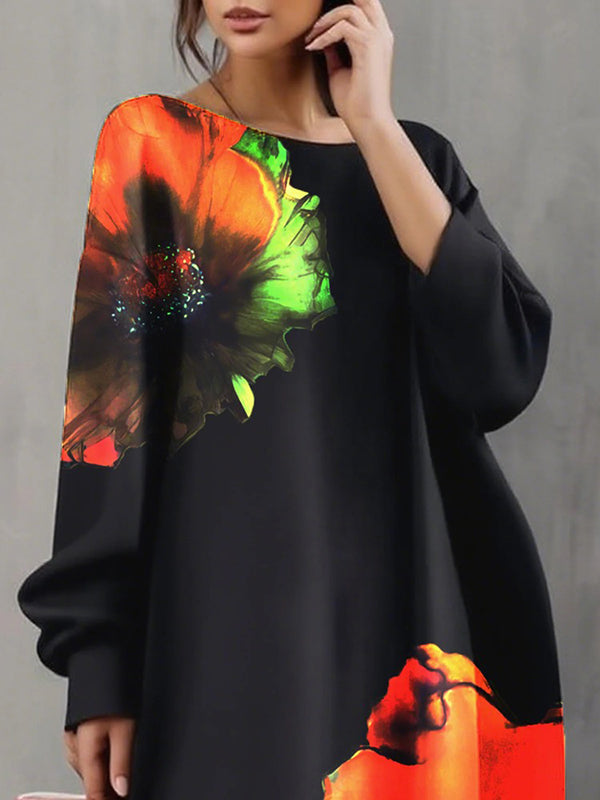 A-line Long Sleeves Flower Print Pockets Round-neck Midi Dresses