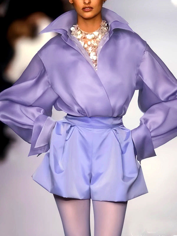 False Two Long Sleeves Solid Color Split-Joint Lapel Blouses&Shirts Tops