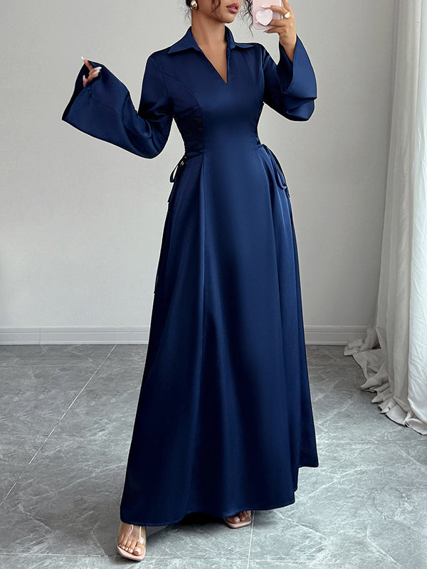 Flared Sleeves High Waisted Solid Color Tied Lapel Maxi Dresses