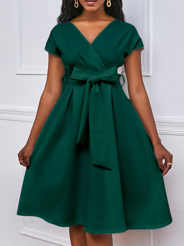 Bowknot Lace-Up Solid Color V-Neck Midi Dresses