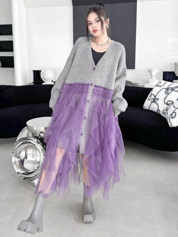 High-Low Irregularity Buttoned Contrast Color Mesh Pleated Ribs Split-Joint Collarless Cardigan Tops Outerwear
