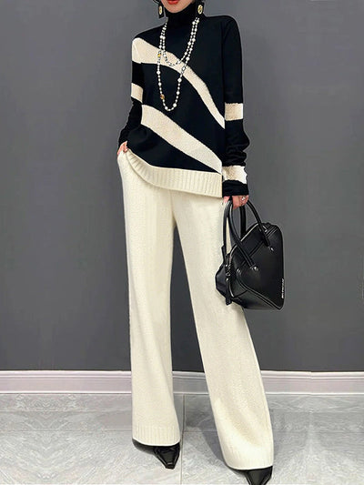 Long Sleeves Loose Contrast Color High Neck Sweater Tops