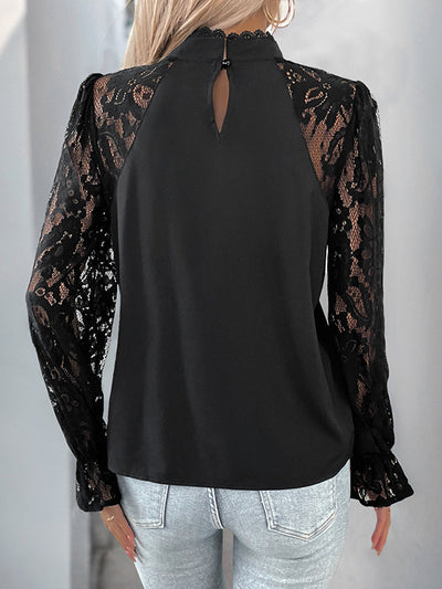 Long Sleeves Loose Black Leaves Elasticity See-Through Split-Joint Mock Neck Blouses&Shirts Tops