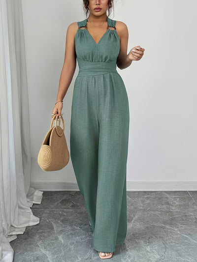 High Waisted Sleeveless Backless Solid Color Tied Spaghetti-Neck Jumpsuits
