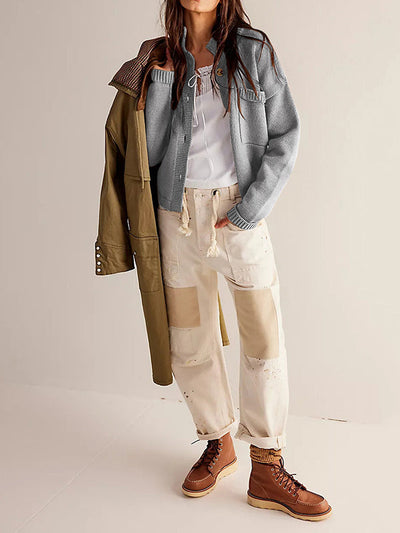 Long Sleeves Loose Buttoned Pockets Solid Color Split-Joint Stand Collar Cardigan Tops