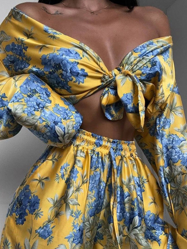 Loose Printed Split-Joint Deep V-Neck Lace-Up Blouse + Drawstring Elasticity Pants Trousers Two Pieces Set