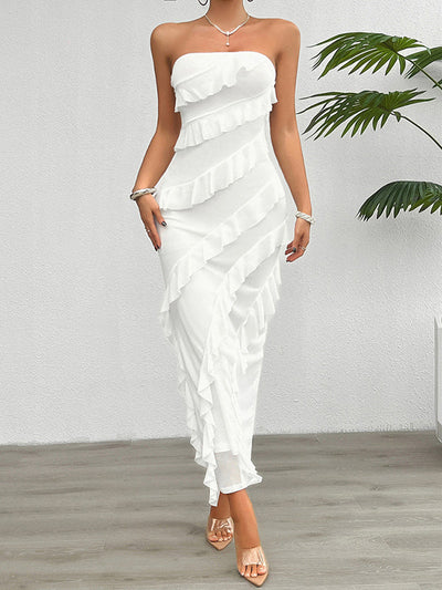 Bodycon High Waisted Ruffle Trim Solid Color Split-Back Split-Joint Tube Maxi Dresses