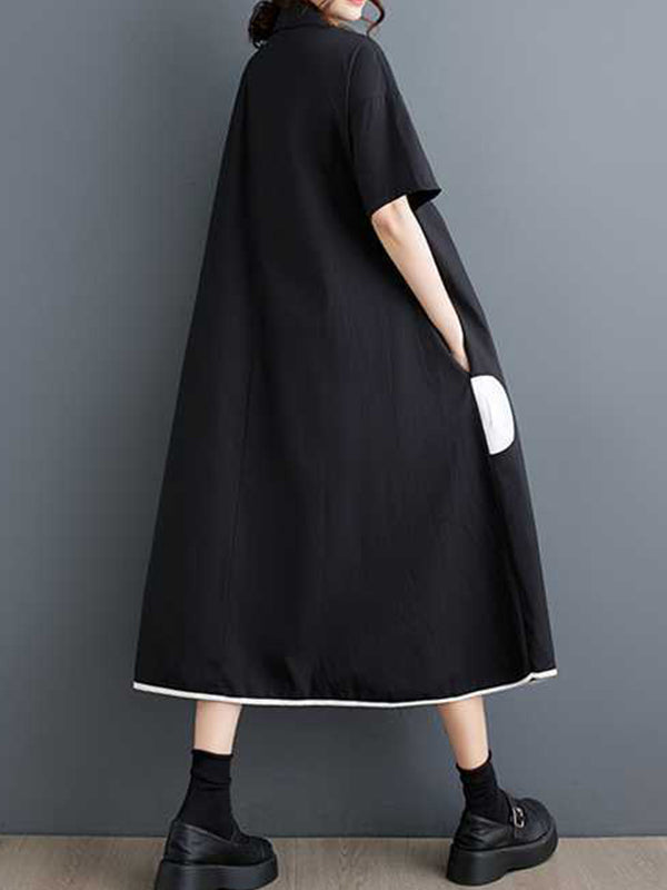 A-Line Half Sleeves Buttoned Pockets Polka-Dot Split-Front Split-Joint Lapel Midi Dresses Shirt Dress