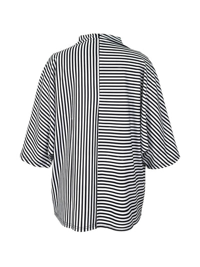 Loose Three-Quarter Sleeves Figure Printed Split-Joint Striped Stand Collar T-Shirts