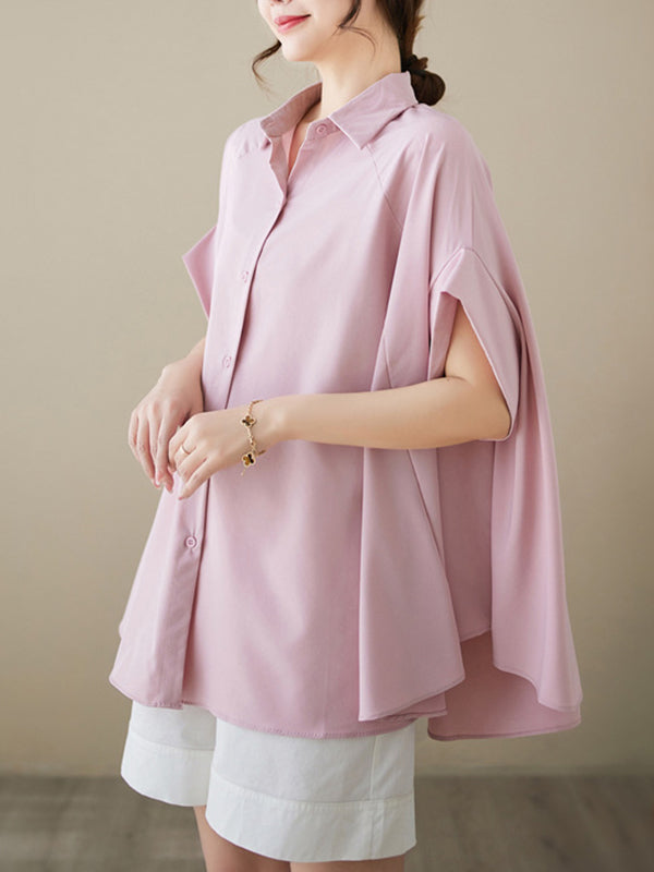 Loose Short Sleeves Solid Color Lapel Shirts Tops