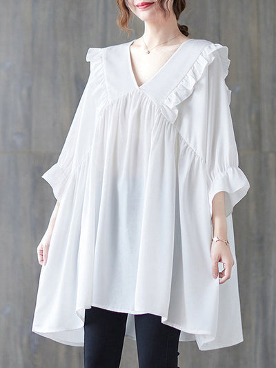 Loose Ruffle Sleeves Ruffled Solid Color Peter Pan Collar Blouses&Shirts Tops