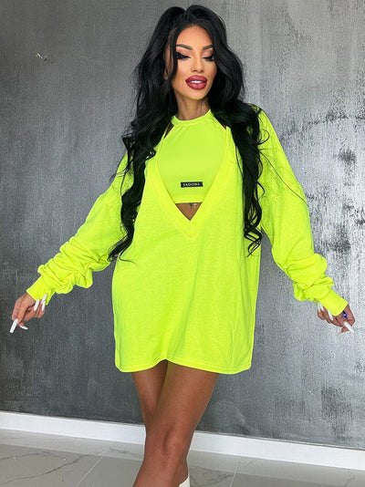 Loose Solid Color Round-Neck Mini Dresses & Vest Top Two Pieces Set