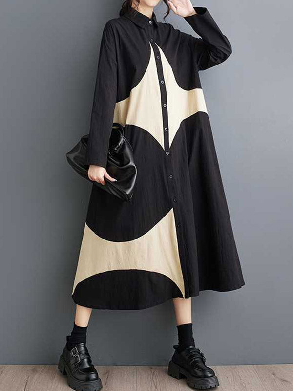 A-Line Long Sleeves Buttoned Pockets Printed Lapel Midi Dresses Shirt Dress