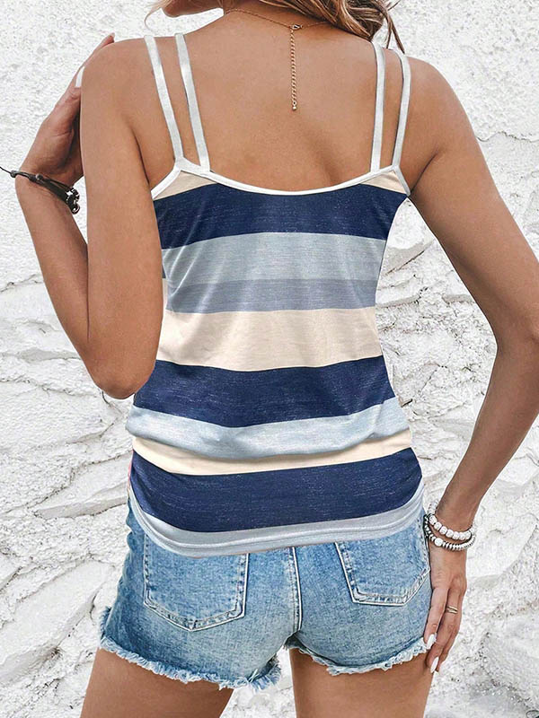 Loose Sleeveless Contrast Color Pleated Spaghetti-Neck Vest Top