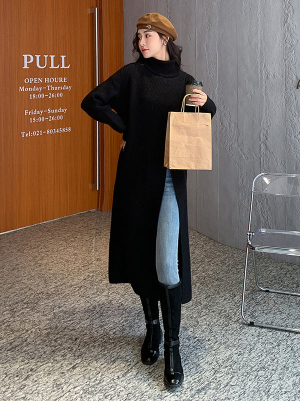 Stylish Long Sleeves Split-Front Solid Color High-Neck Sweater Tops