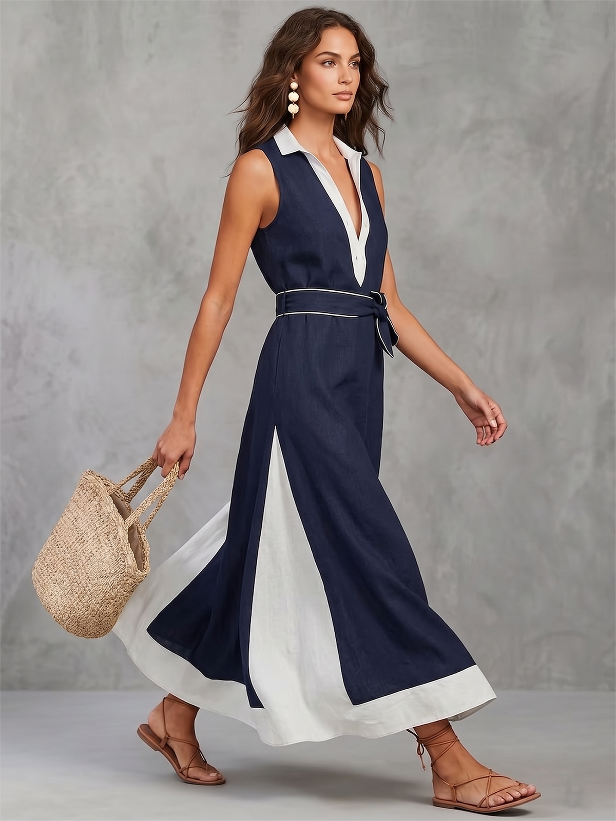 A-Line Loose Buttoned Contrast Color Pockets Tied Lapel Maxi Dresses